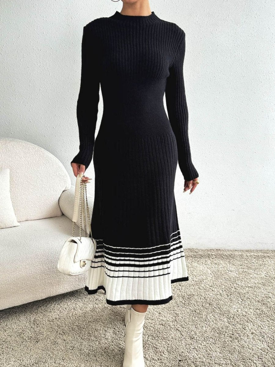 Contrast Mock Neck Long Sleeve Sweater Dress - Sweater Dress