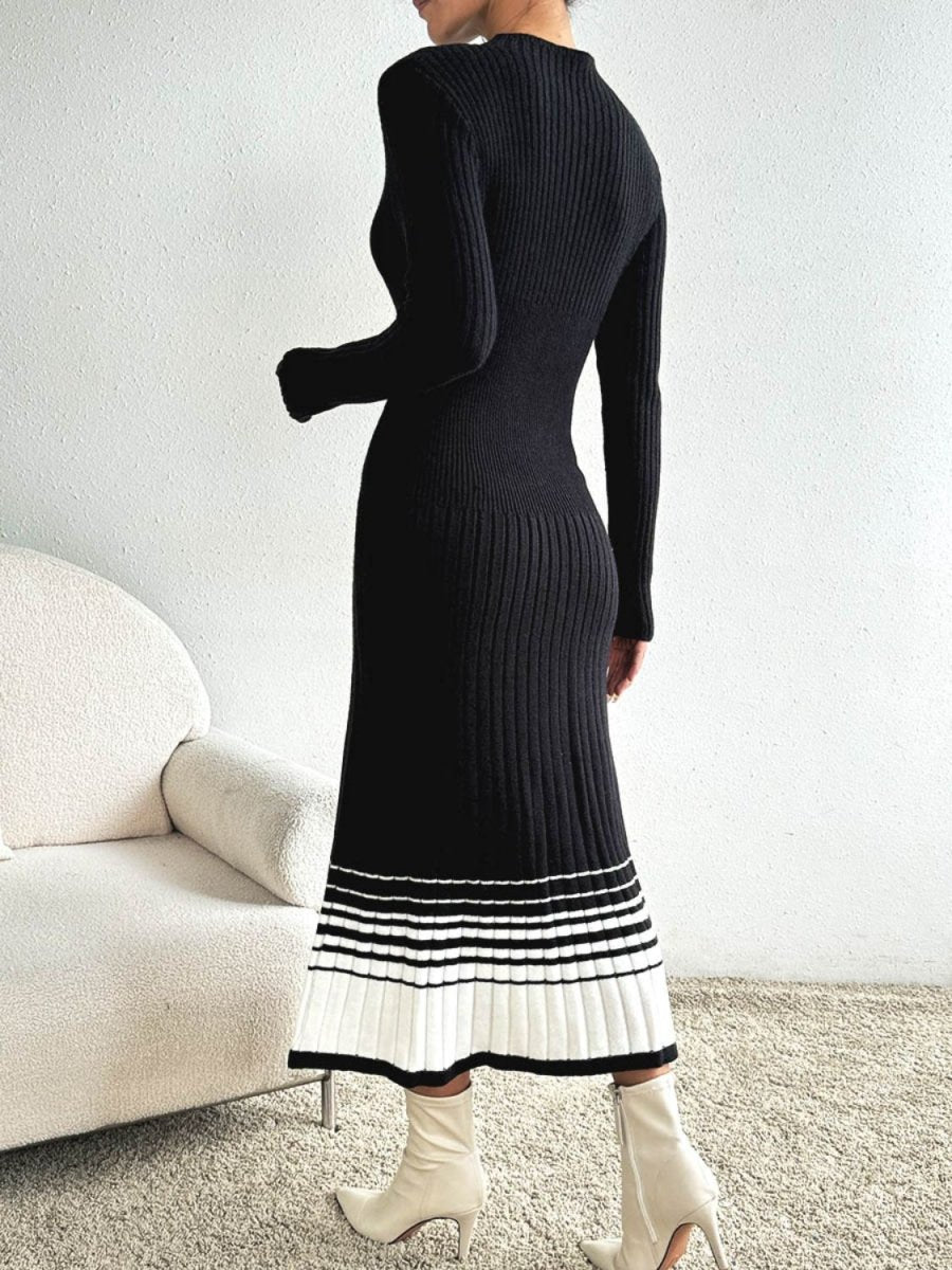 Contrast Mock Neck Long Sleeve Sweater Dress - Sweater Dress