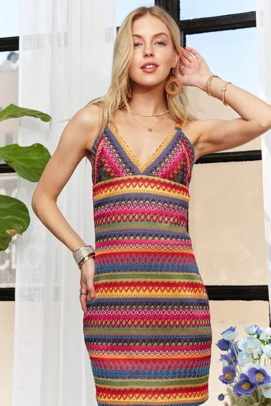 Contrast Striped V - Neck Mini Dress - 