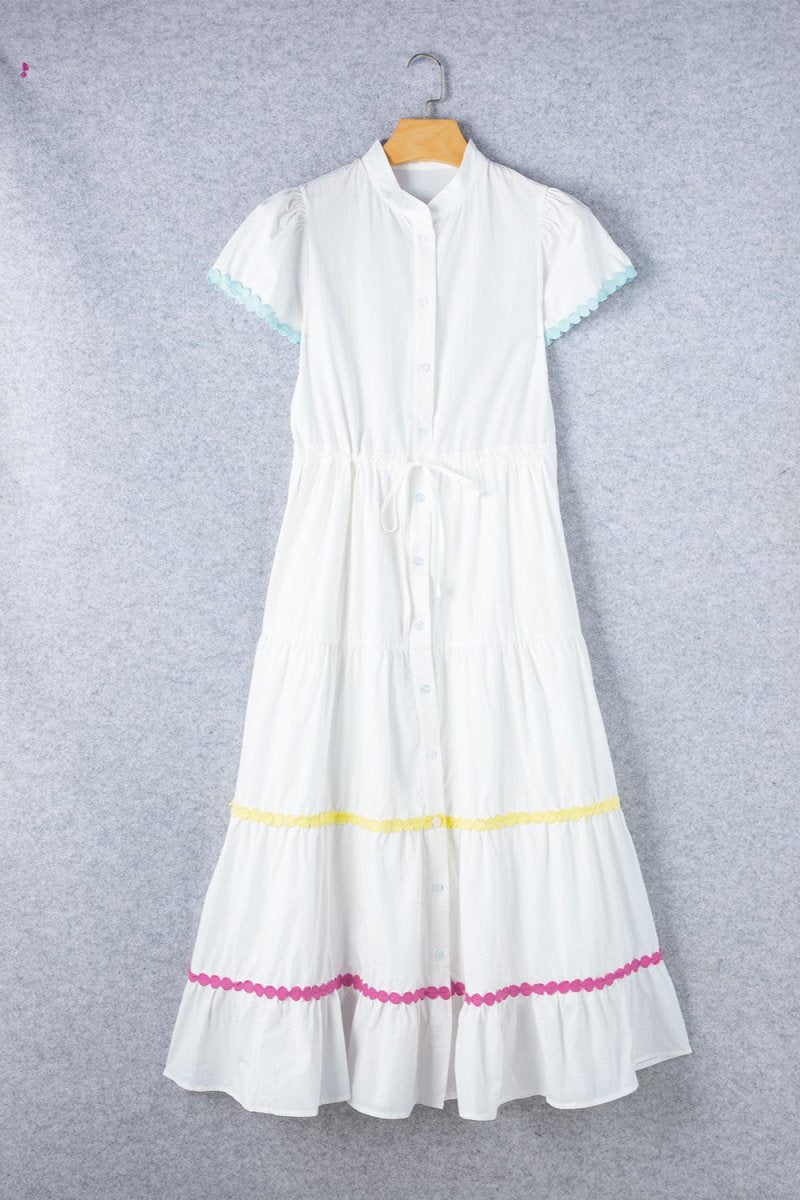 Contrast Trim Button Up Short Sleeve Dress - Vacation Dress