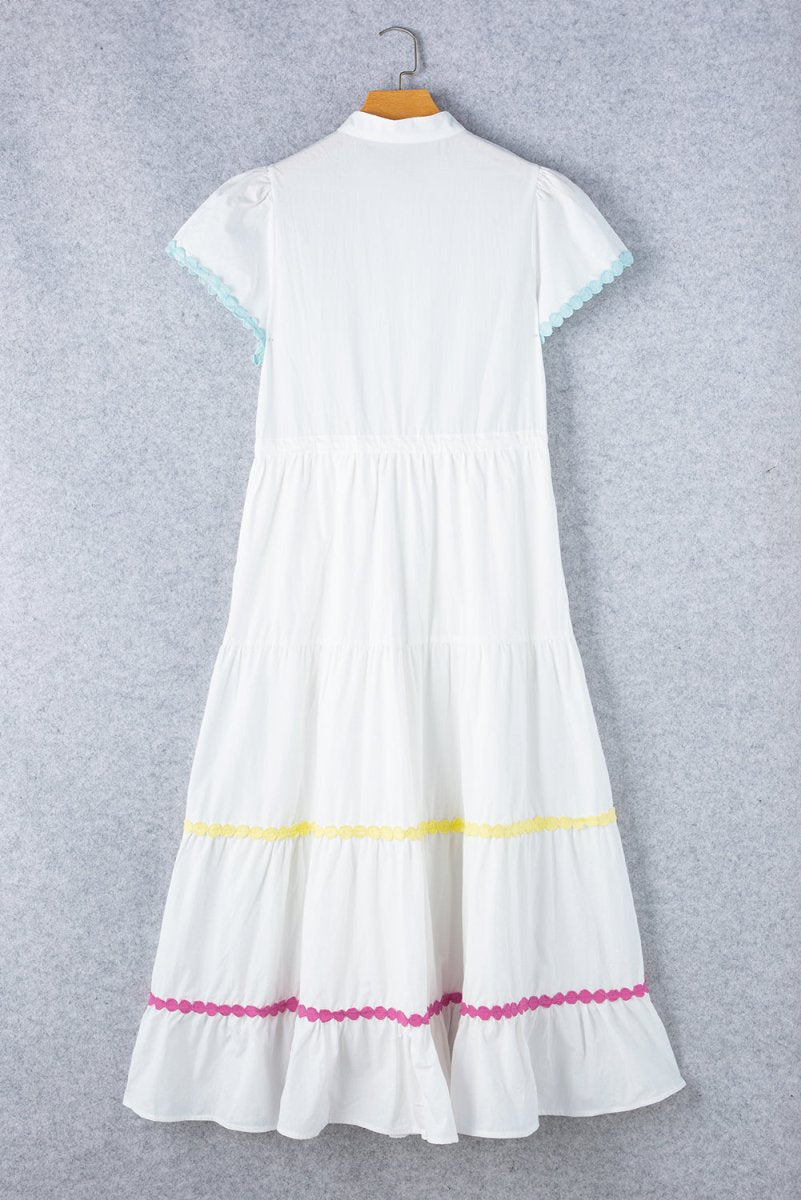 Contrast Trim Button Up Short Sleeve Dress - Vacation Dress