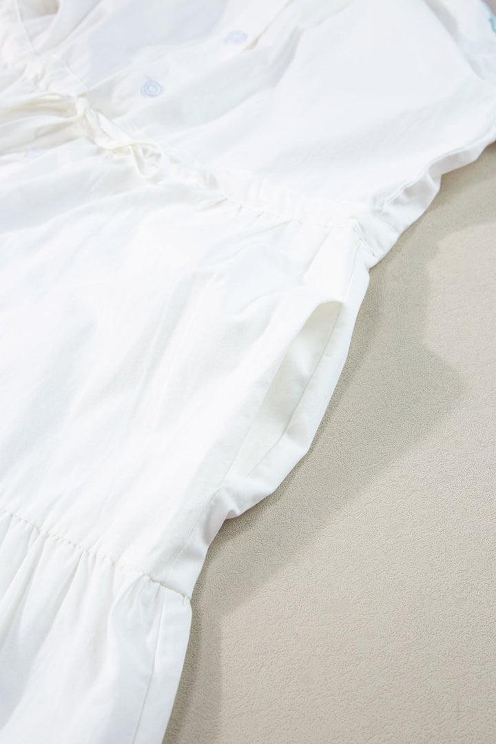 Contrast Trim Button Up Short Sleeve Dress - Vacation Dress
