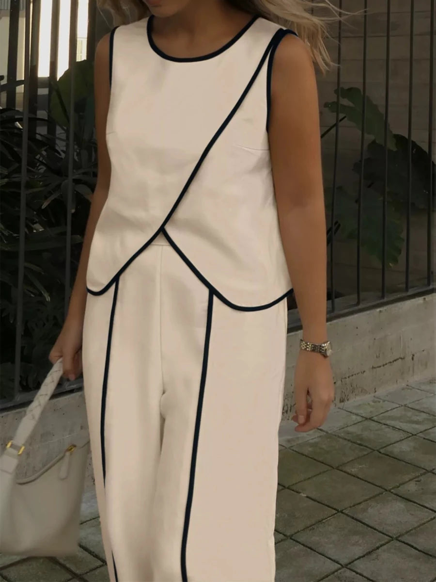 Contrast Trim Top and Wide Leg Pants Set - 