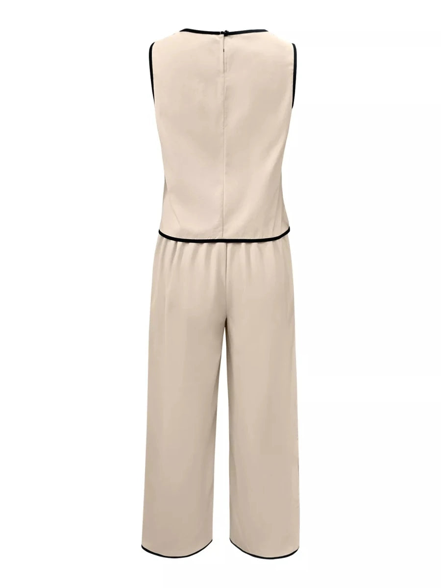 Contrast Trim Top and Wide Leg Pants Set - 