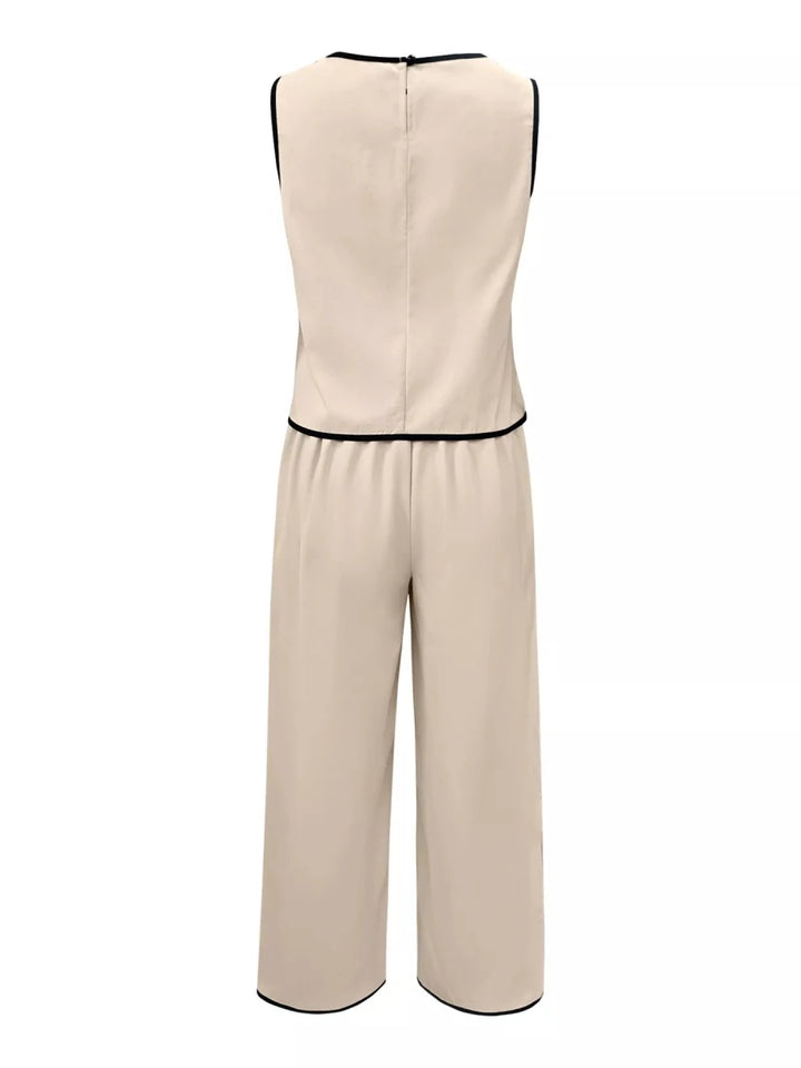 Contrast Trim Top and Wide Leg Pants Set - 