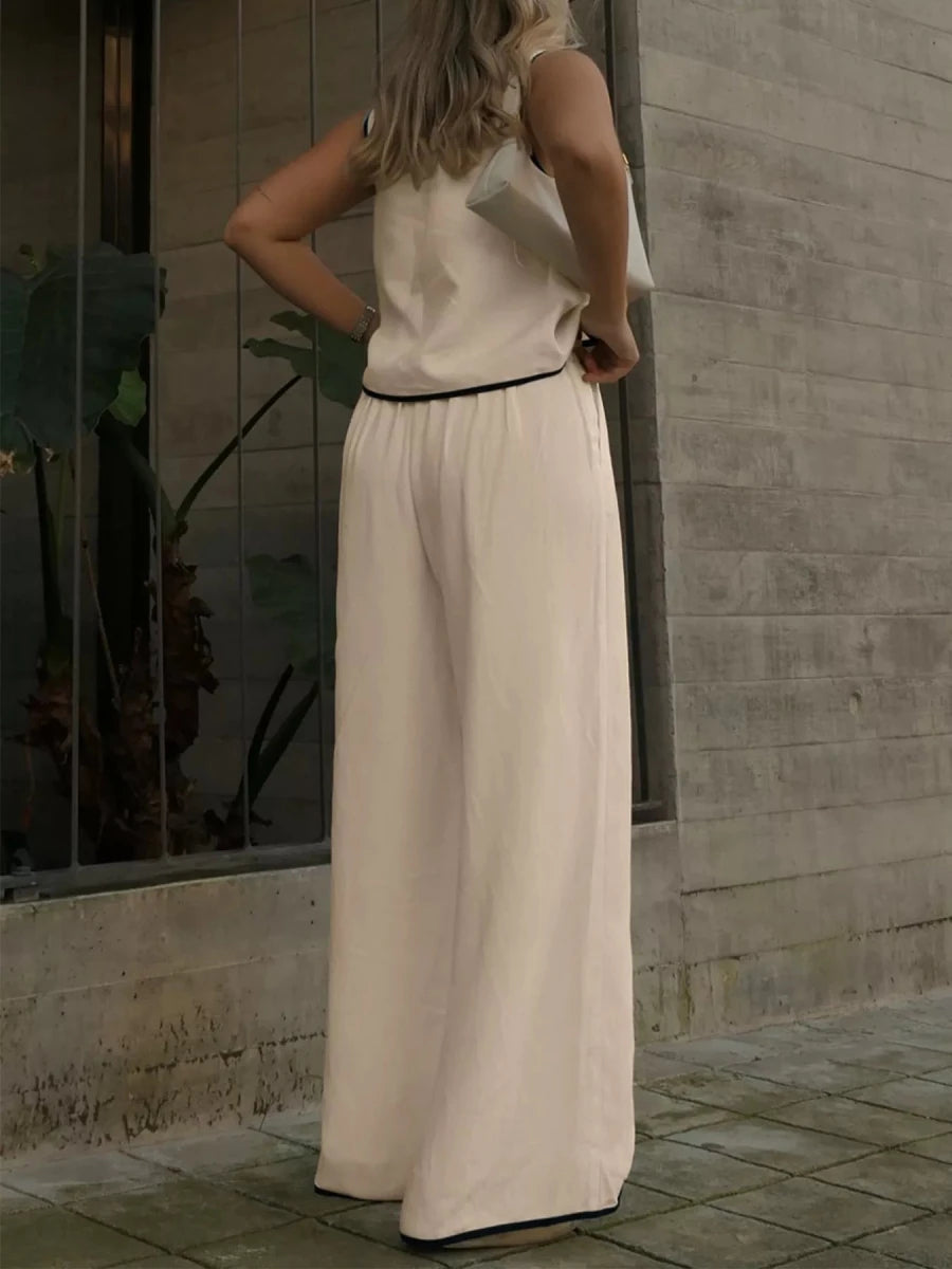 Contrast Trim Top and Wide Leg Pants Set - 