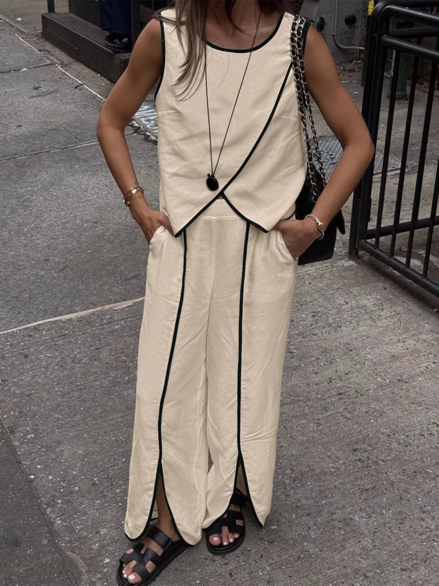 Contrast Trim Top and Wide Leg Pants Set - 