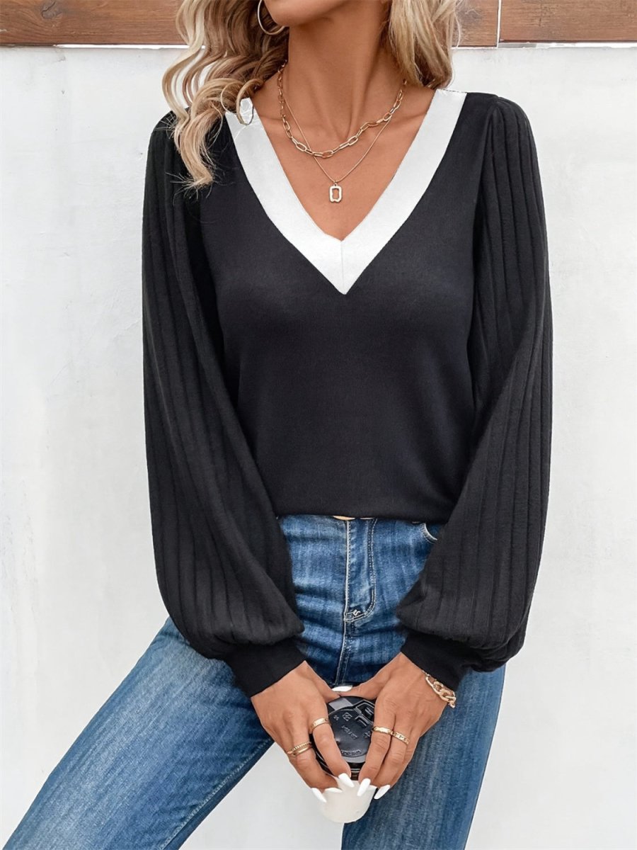 Contrast V - Neck Long Sleeve T-Shirt - Top