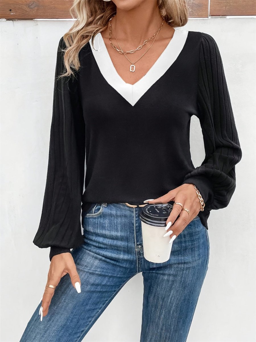 Contrast V - Neck Long Sleeve T-Shirt - Top