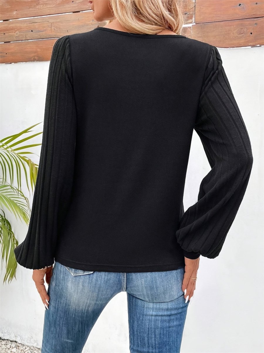 Contrast V - Neck Long Sleeve T-Shirt - Top