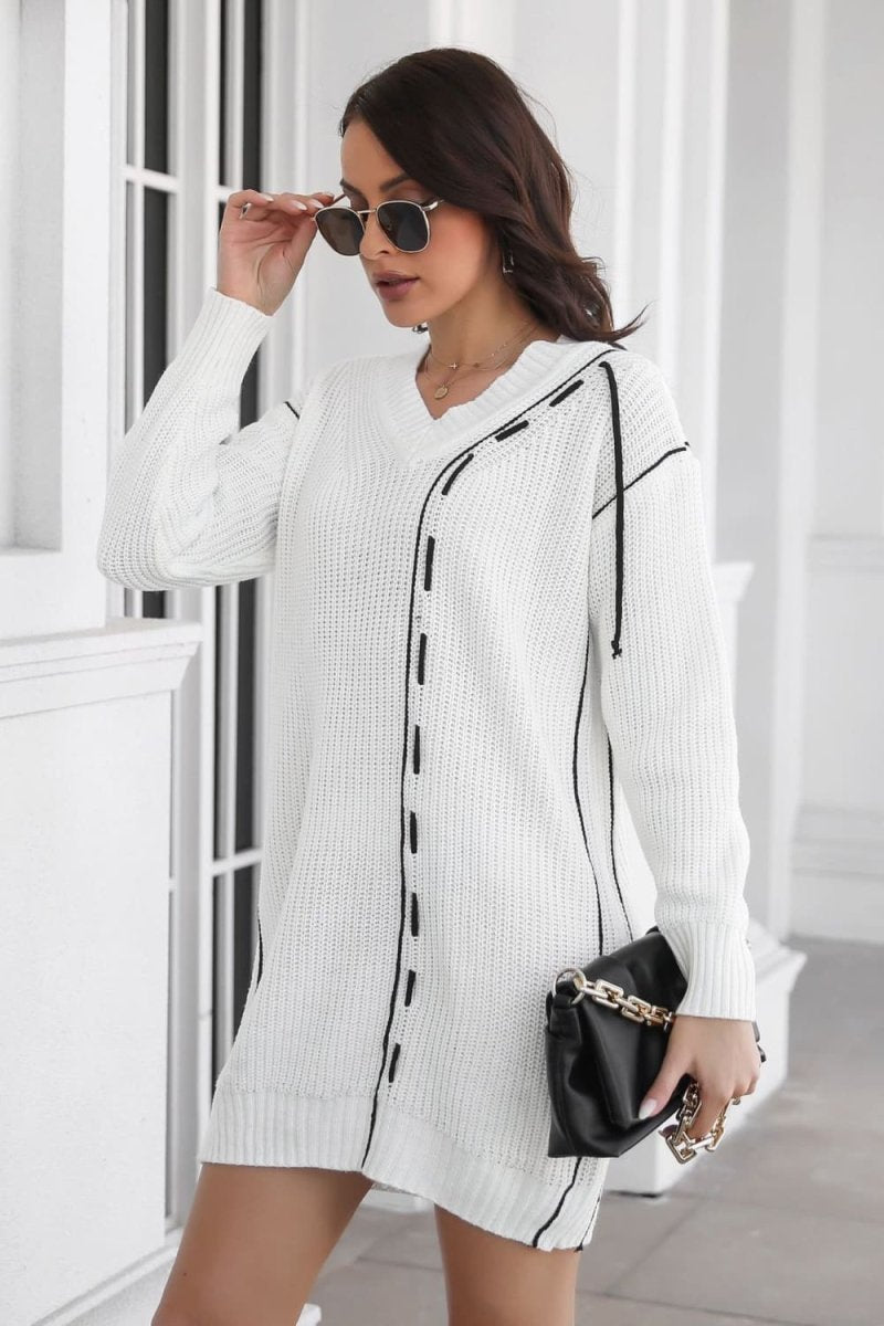 Contrast V - Neck Sweater Dress - Sweater Dress