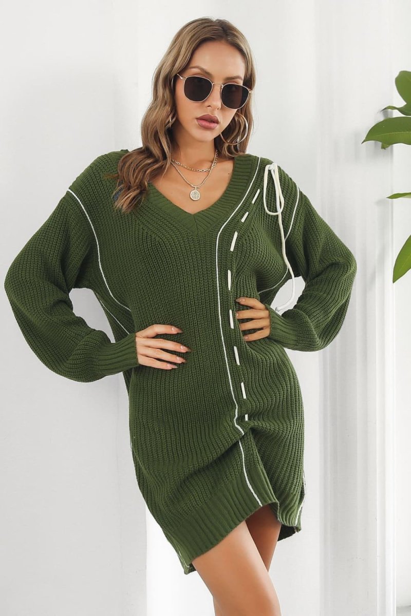 Contrast V - Neck Sweater Dress - Sweater Dress