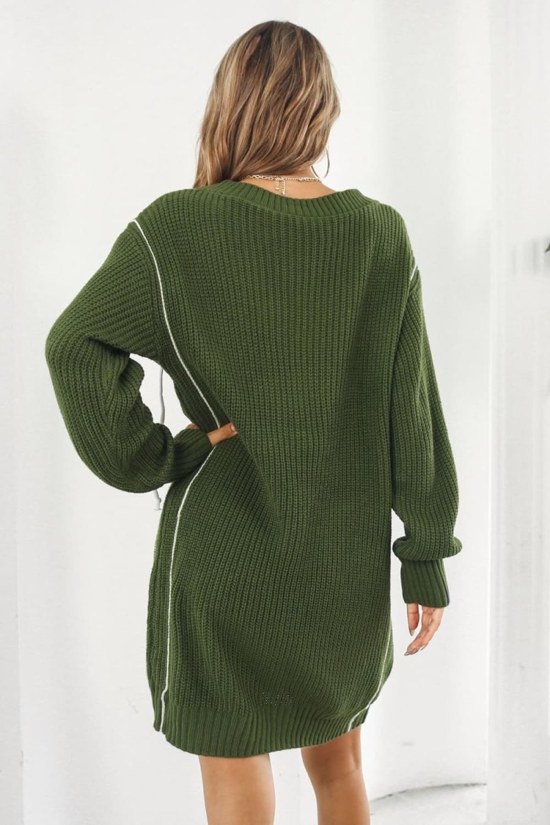 Contrast V - Neck Sweater Dress - Sweater Dress