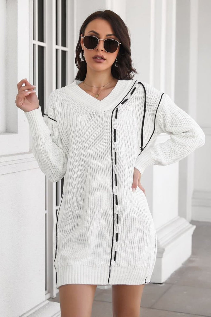 Contrast V - Neck Sweater Dress - Sweater Dress