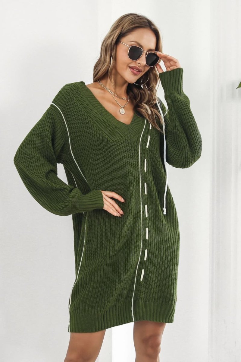 Contrast V - Neck Sweater Dress - Sweater Dress