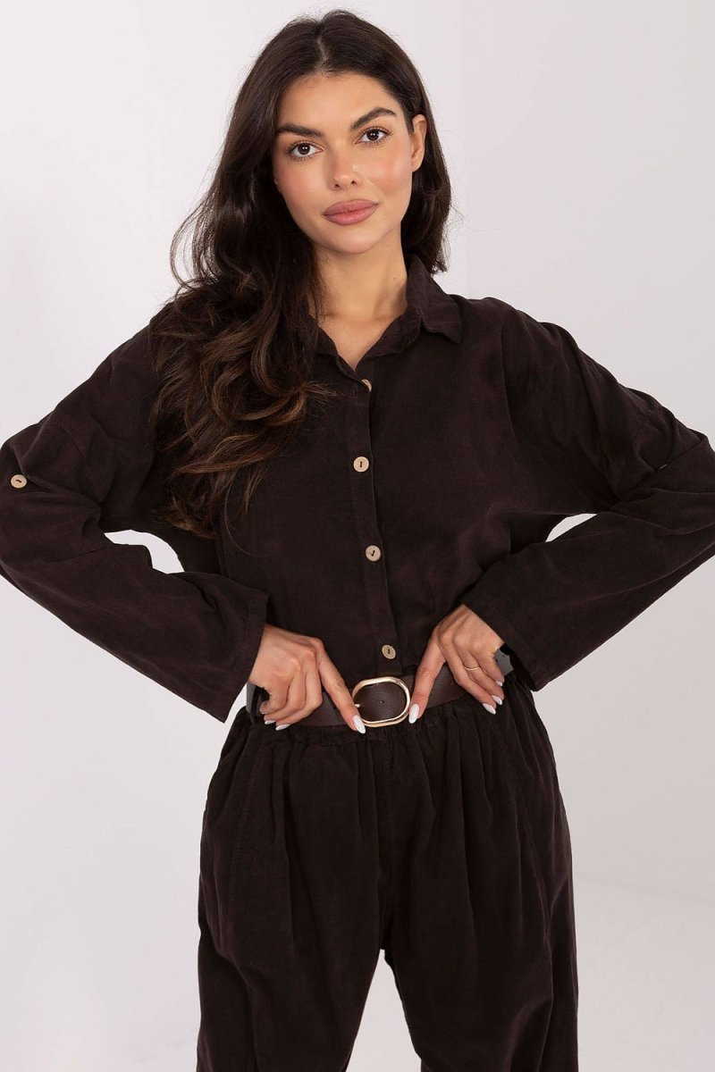 Corduroy Long Sleeve Shirt with Collar - 