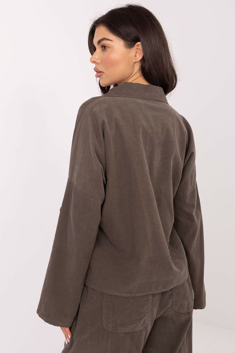 Corduroy Long Sleeve Shirt with Collar - 