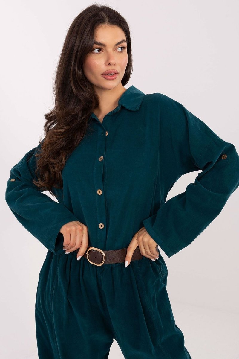 Corduroy Long Sleeve Shirt with Collar - 