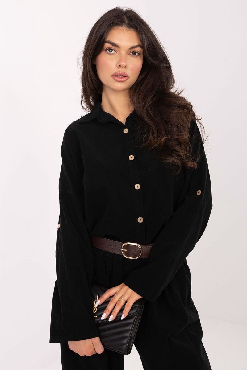 Corduroy Long Sleeve Shirt with Collar - 