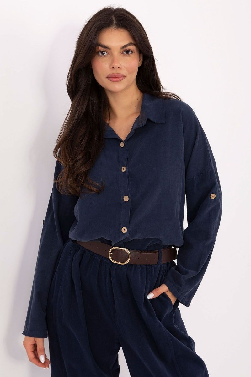 Corduroy Long Sleeve Shirt with Collar - 