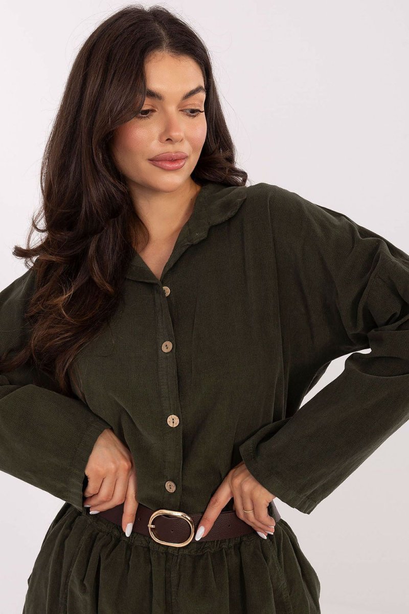 Corduroy Shirt with Collar and Button Closure - 