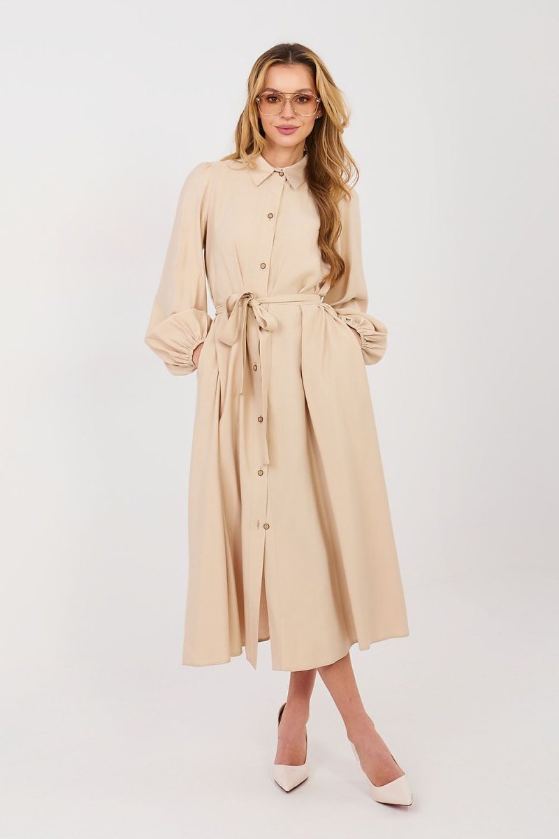 Cotton Blend Midi Shirt Dress with Belt - 