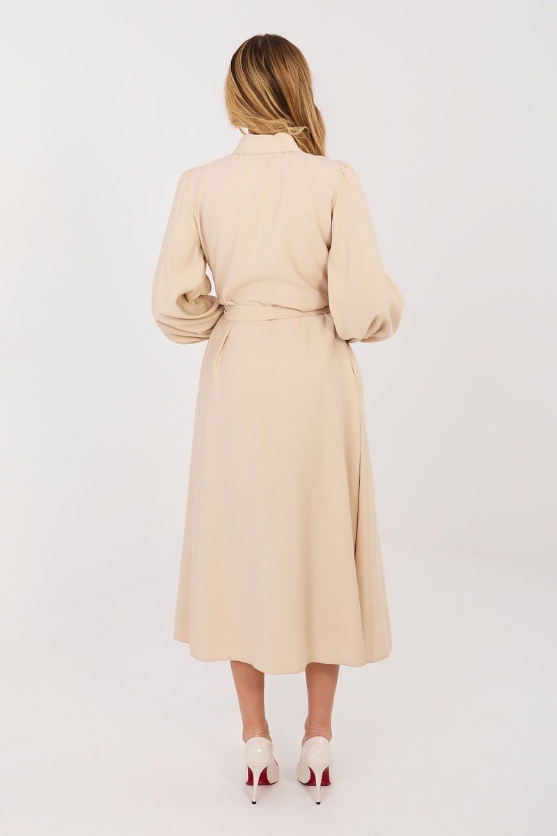 Cotton Blend Midi Shirt Dress with Belt - 