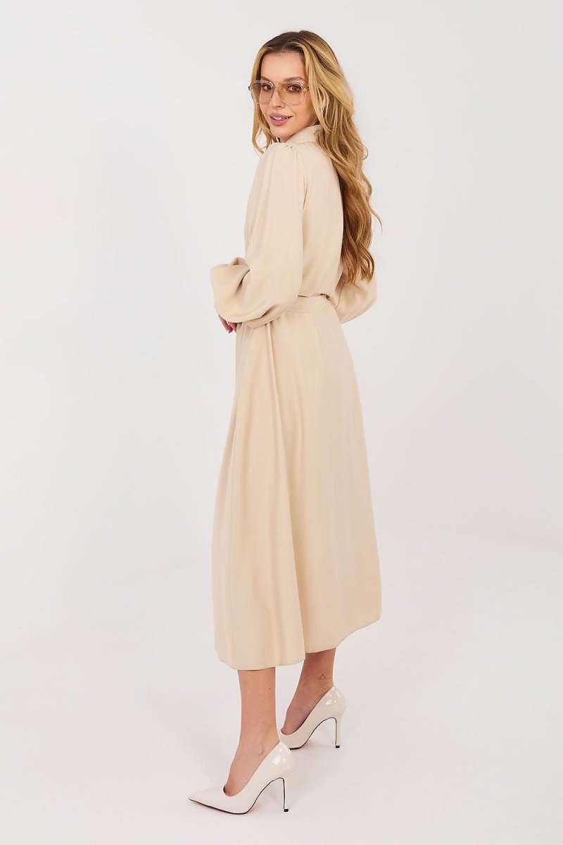 Cotton Blend Midi Shirt Dress with Belt - 