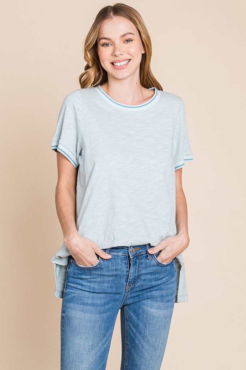 Cotton Bleu by Nu Lab Contrast Trim Short Sleeve Slit T-Shirt - Top