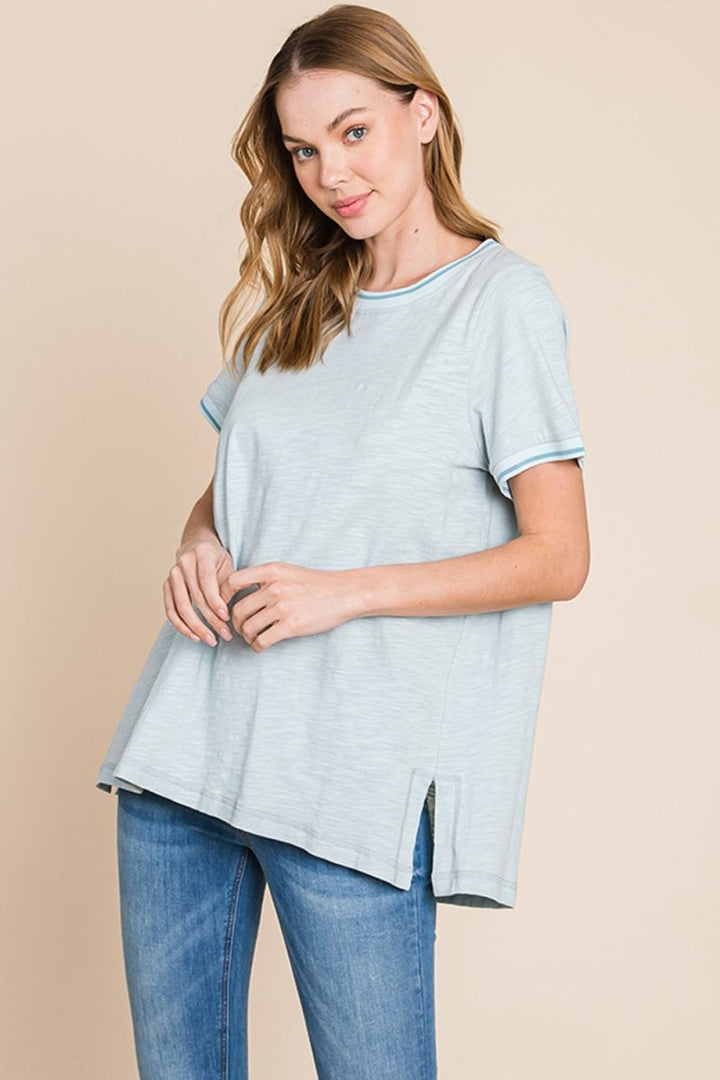 Cotton Bleu by Nu Lab Contrast Trim Short Sleeve Slit T-Shirt - Top