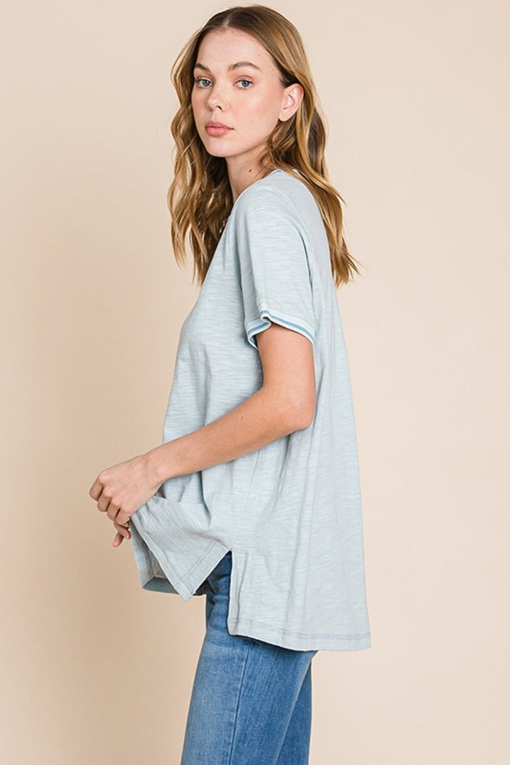 Cotton Bleu by Nu Lab Contrast Trim Short Sleeve Slit T-Shirt - Top