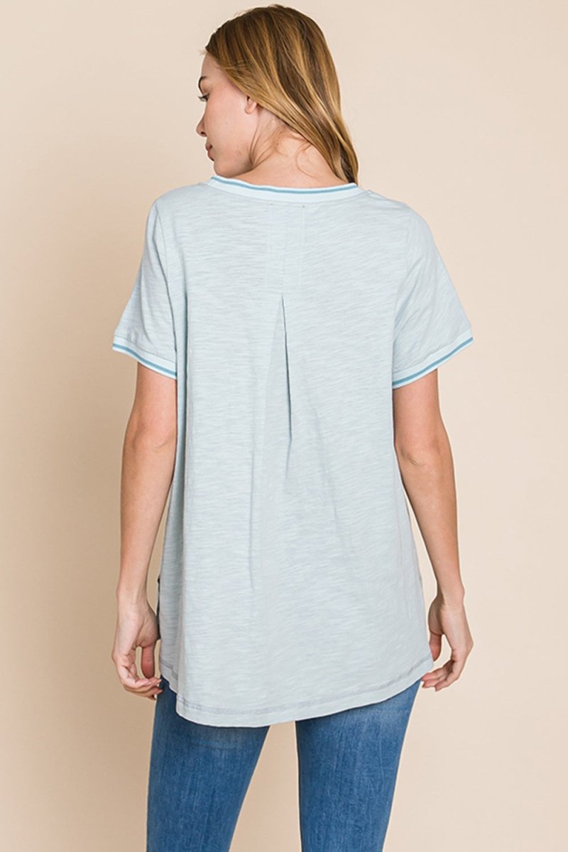 Cotton Bleu by Nu Lab Contrast Trim Short Sleeve Slit T-Shirt - Top