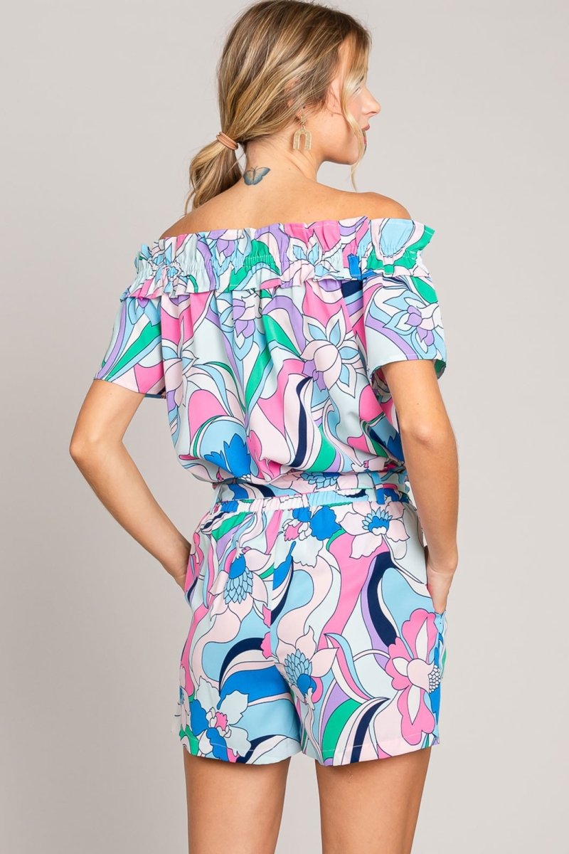 Cotton Bleu by Nu Label Abstracted Print Tie Front Shorts - Romper
