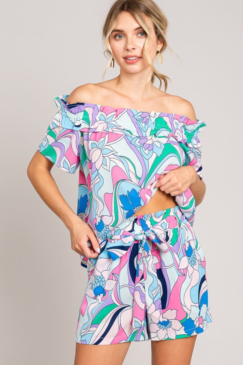 Cotton Bleu by Nu Label Abstracted Print Tie Front Shorts - Romper