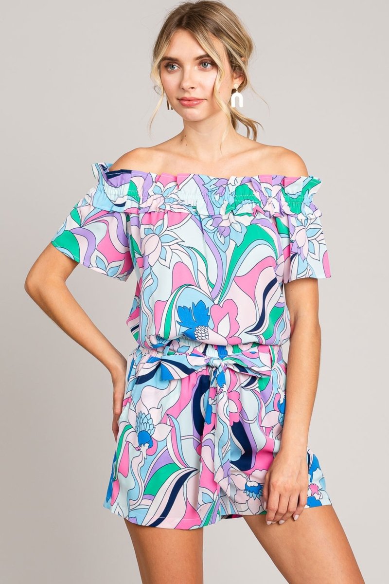 Cotton Bleu by Nu Label Abstracted Print Tie Front Shorts - Romper