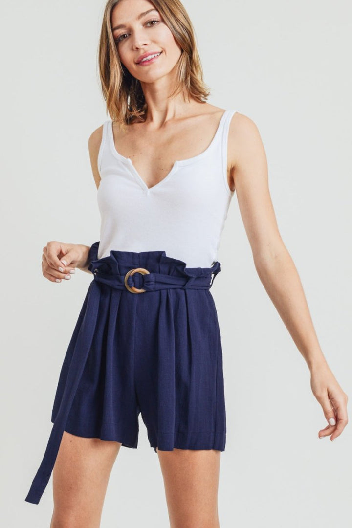 Cotton Bleu by Nu Label Buckle Belt Cotton Linen Shorts - Bottoms