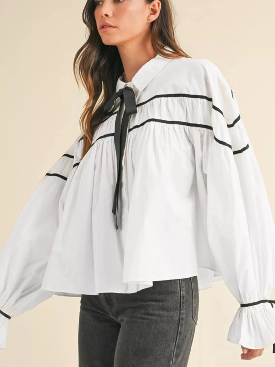 Cotton Bow - Tie Ruffle Blouse - 