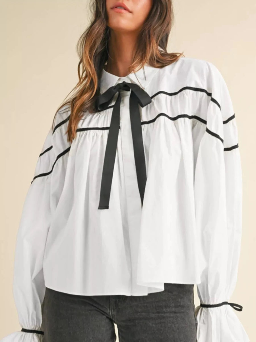 Cotton Bow - Tie Ruffle Blouse - 