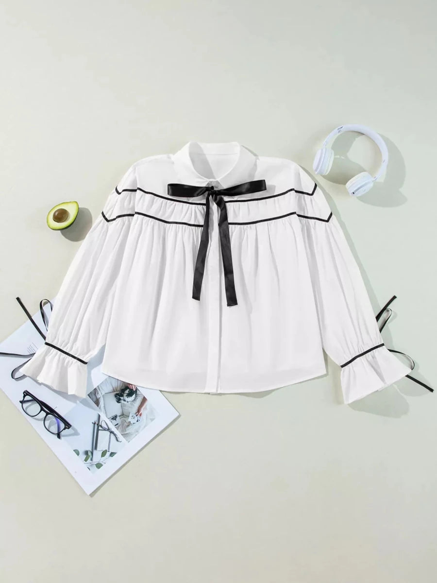 Cotton Bow - Tie Ruffle Blouse - 