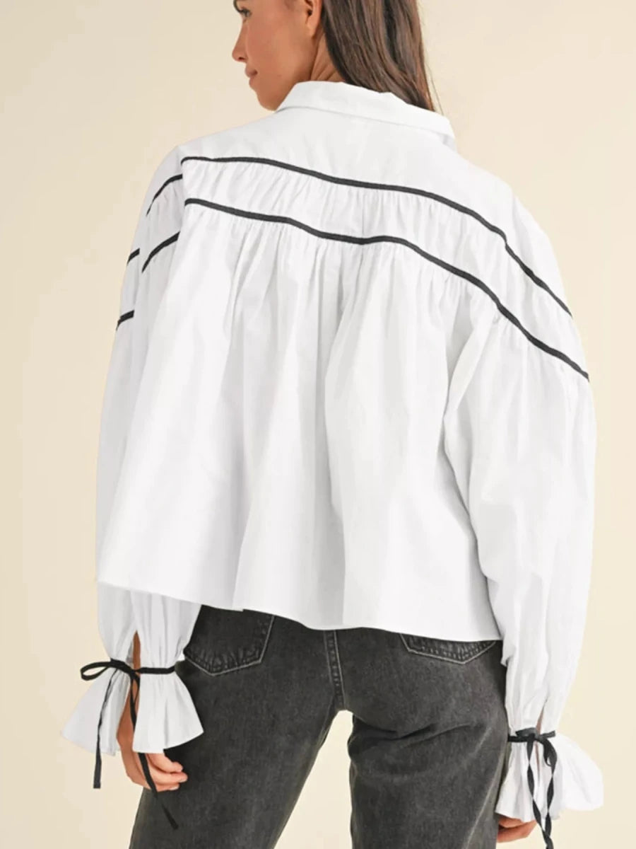 Cotton Bow - Tie Ruffle Blouse - 