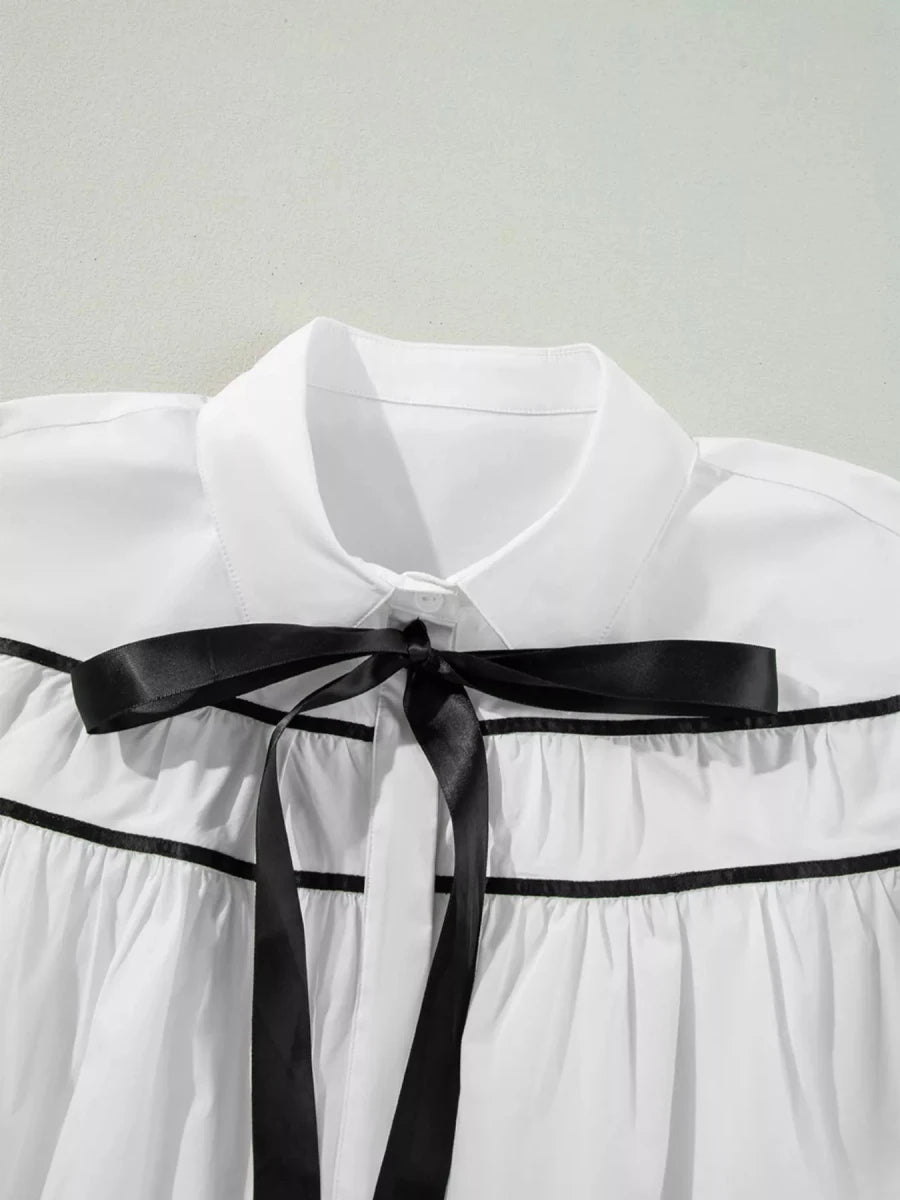 Cotton Bow - Tie Ruffle Blouse - 