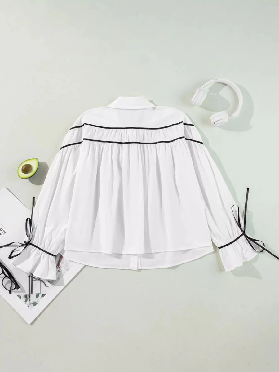 Cotton Bow - Tie Ruffle Blouse - 