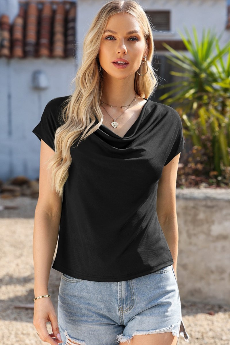 Cowl Neck Short Sleeve T-Shirt - Top