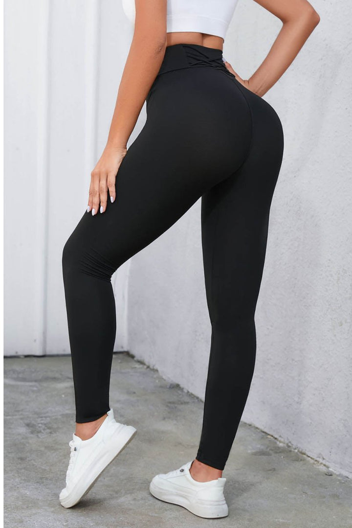 Crisscross Detail Wide Waistband Leggings - Bottoms