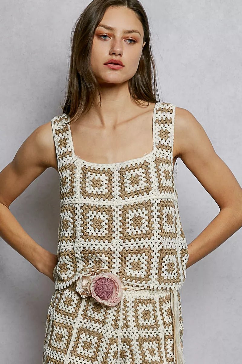 Crochet Tank Top with Granny Square Weave - 
