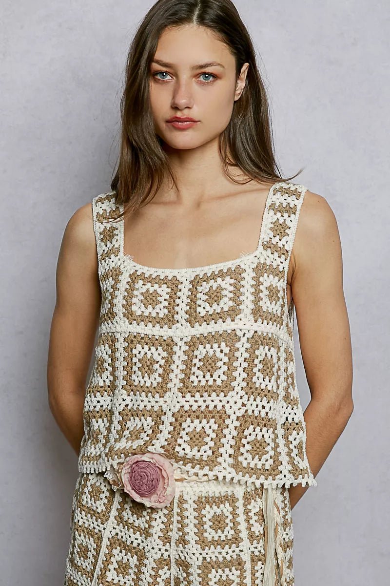 Crochet Tank Top with Granny Square Weave - 