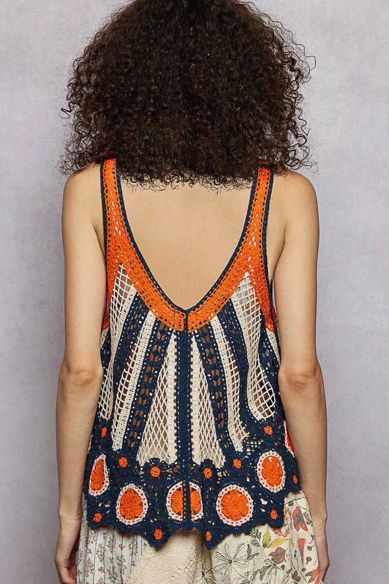 Crochet V - Neck Tank Top with Scalloped Edge - 