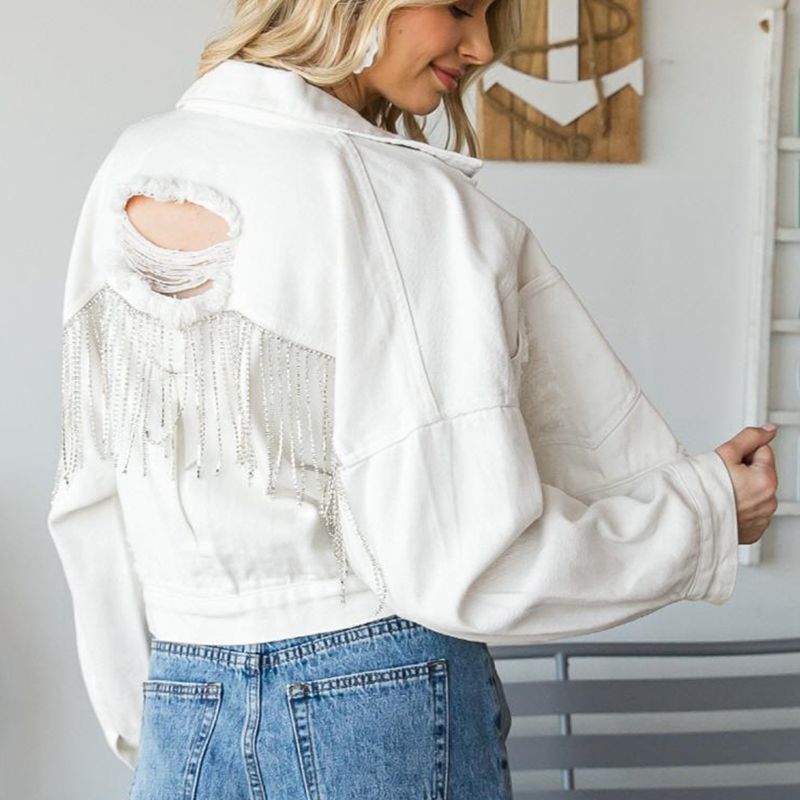 Cropped Collared Neck Dropped Shoulder Denim Jacket - Outerwear