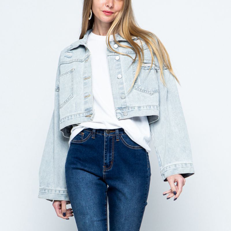 Cropped Collared Neck Dropped Shoulder Denim Jacket - Outerwear