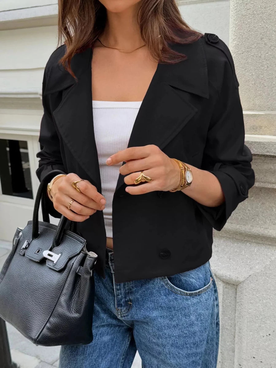 Cropped Double - Breasted Jacket with Raglan Sleeves - 